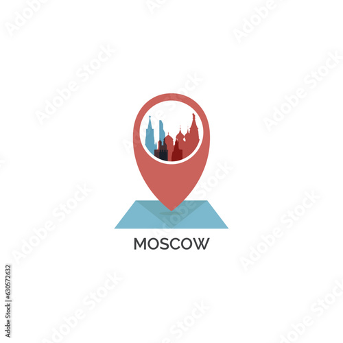 Russia, Moscow city map pin point, geolocation, skyline shape vector logo, icon, isolated illustration. Russian Federation city emblem with landmarks and buildings