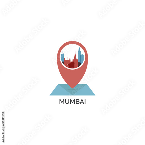 Mumbai map, pin point, geolocation, skyline shape vector logo, icon, isolated illustration. India city emblem with landmarks and buildings