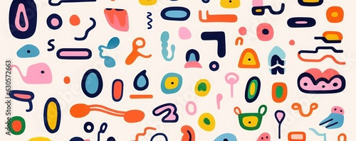 Fun colorful seamless pattern collection. Creative minimalist style art background for children or trendy design with bright basic shapes. Simple and playful childish doodle backdrop, Generative AI