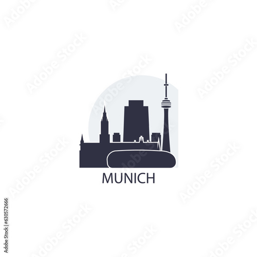 Germany Munich cityscape skyline capital city panorama vector flat modern logo icon. Bavaria region emblem idea with landmarks and building silhouettes at sunrise sunset