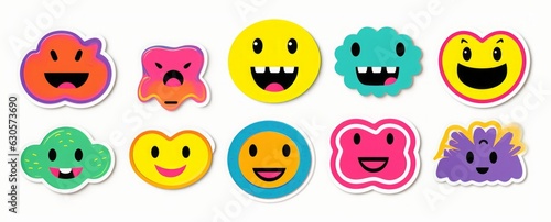 Colorful happy smiling face label shape set. Collection of trendy retro sticker cartoon shapes. Funny comic character art and quote sign patch bundle, Generative AI