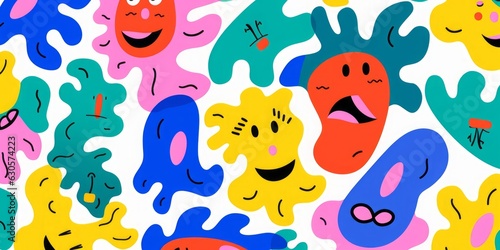 Colorful abstract shape cartoon character seamless pattern illustration. Trendy 90s style funny art background with faces and drawing doodle, Generative AI