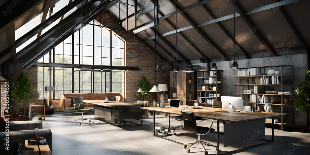 A loft with a view of the city and a desk with a chair and a desk with a book on it.  Open space loft office with furniture and big windows, Generative AI