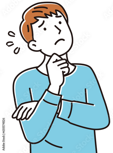 手を顎に当てて何かを悩む上を向いた若い男性