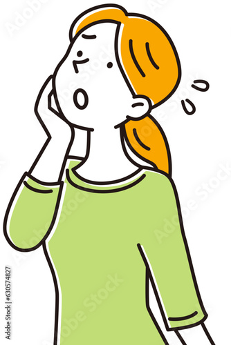 手を顔に当てて何かを悩む上を向いた若い女性