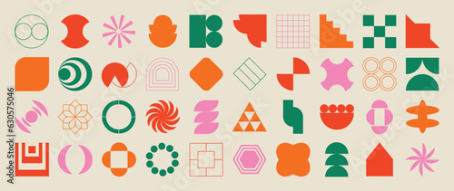 Set of abstract retro geometric shapes vector. Collection of contemporary figure, flower, circle in 70s groovy style. Bauhaus Memphis design element perfect for banner, prints, stickers, decor.