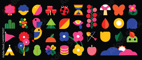 Set of abstract retro geometric shapes vector. Collection of contemporary figure, flower, tree, bird in 70s groovy style. Bauhaus Memphis design element perfect for banner, prints, stickers, decor.