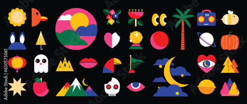Set of abstract retro geometric shapes vector. Collection of contemporary figure, flower, skull, ghost in 70s groovy style. Bauhaus Memphis design element perfect for banner, prints, stickers, decor.