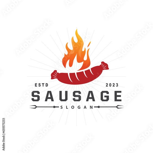 Sausage Logo, Vector Meat Fork and the Sausage Food, Restaurant Inspiration Design, Vintage Retro Rustic