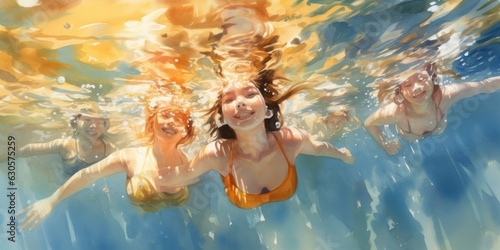illustration of a group of woman is diving under water in sunny day, generative AI