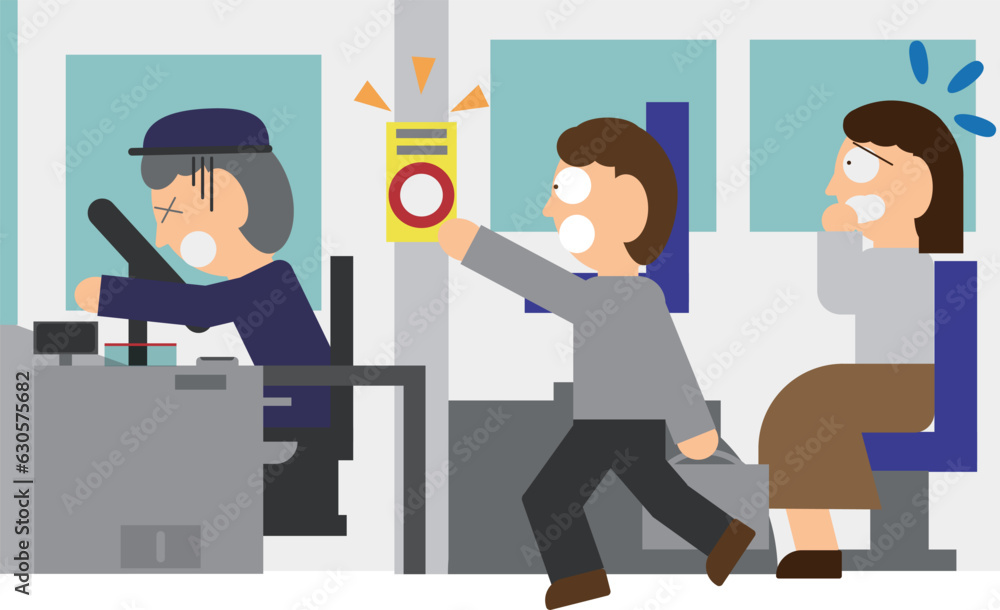 Obraz premium バスの緊急ブレーキボタンを押す乗客