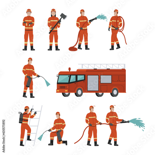 Firefighter illustration set collection. Flat vector illustration isolated on white background