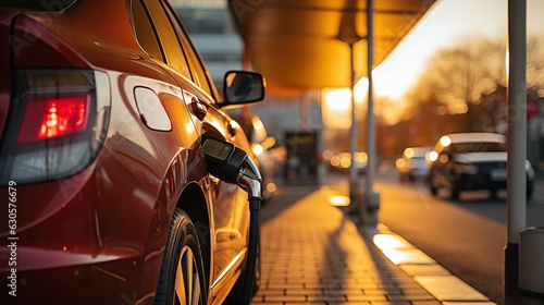 In the photograph  you can see a car parked at a gas station  getting refueled. Generative AI