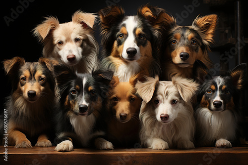 Group of beautiful multi-colored purebred dogs, a portrait of a bunch of pets looking at camera