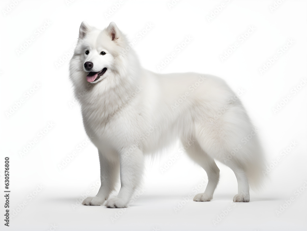 The Samoyed is a medium-sized dog with a thick, white double coat. They are domestic animals that help herd, hunt, defend and pull sleds. Generative AI. Illustration.
