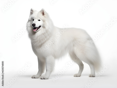 The Samoyed is a medium-sized dog with a thick  white double coat. They are domestic animals that help herd  hunt  defend and pull sleds. Generative AI. Illustration.