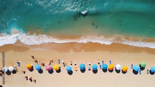 Aerial photo of a crowded beach with colourful umbrellas and people enjoying the sun created with Generative AI technology