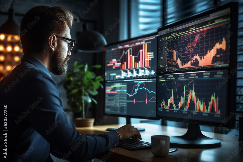 Businessman uses a computer and dashboard for data business analysis. Generative ai. Businessman uses a computer and dashboard for data business analysis. Generative ai.