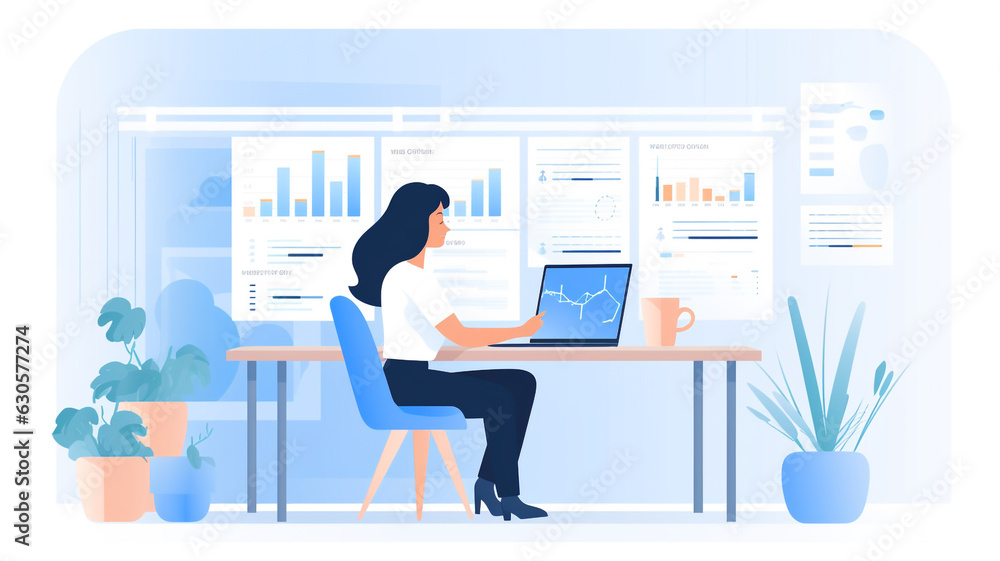 Business woman using a computer and dashboard for data business analysis. Generative ai. Business woman using a computer and dashboard for data business analysis. Generative ai.
