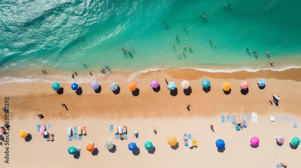 Aerial photo of a crowded beach with colourful umbrellas and people enjoying the sun created with Generative AI technology