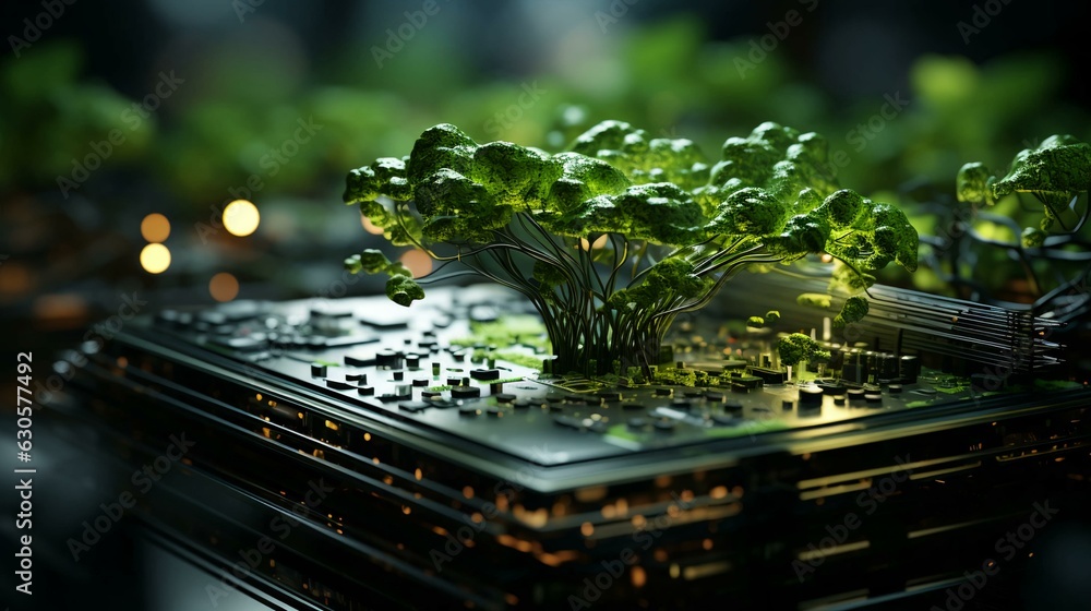 Green plants and grass on a computer board with microchips and microchips transistors and resistors. Computer electronics and technology and the harmony of modern technology and nature. AI generated Green plants and grass on a computer board with microchips and microchips transistors and resistors. Computer electronics and technology and the harmony of modern technology and nature. AI generated