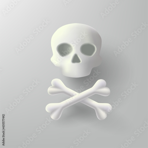 3d render icon of scull and bones, white with shadow cartoon style with eyes and nose, digital illustration symbol