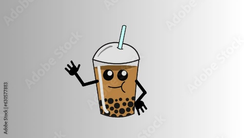 cartoon animation of a cute and funny plastic cup containing a boba drink waving photo