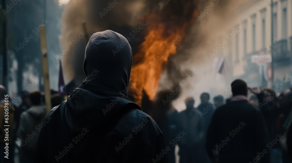 Illustration of big city riot. Crowd of people on unauthorized rally with burning fire and smoke. Public protest demonstration. Strike on outdoor background. Illustration of big city riot. Crowd of people on unauthorized rally with burning fire and smoke. Public protest demonstration. Strike on outdoor background.