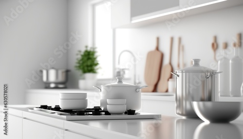 Spacious modern white kitchen interior with big casserole and other utensil objects. Cozy indoor background.