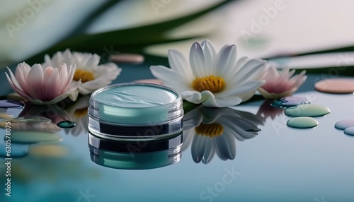 Glass cosmetic jar with skin care moisturizer cream on spring pond water background, mockup for eco beauty product. Outdoor nature background.