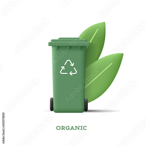 3d illustration of green garbage bin for organic waste with leaves and recycle icon on it