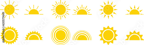 yellow sun icons set, sunshine and solar glow, sunrise or sunset. Decorative circle full and half sun and sunlight. Hot solar energy for tan. sun icon on white background.