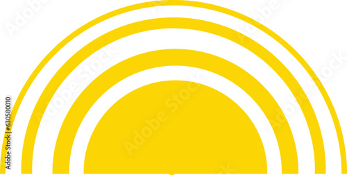 Yellow sun icon, sunshine and solar glow, sunrise or sunset. Decorative circle full and half sun and sunlight. Hot solar energy for tan. sun icon on white background.