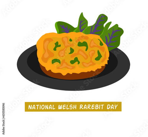 Welsh Rarebit served on a black plate with bold text on a white background National Welsh Rarebit Day on September 3