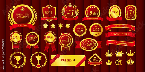 高級感のあるランキングなどに使えるメダル ゴールド 赤 ベクター素材 セット カーテン背景 テキスト