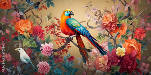 wallpaper branches palm tree plants a painting of a parrot illustration with bird flower