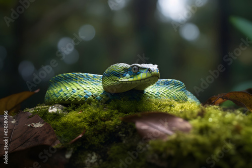 Bush Viper snake on moss covered fallen wood, neural network generated photorealistic image photo