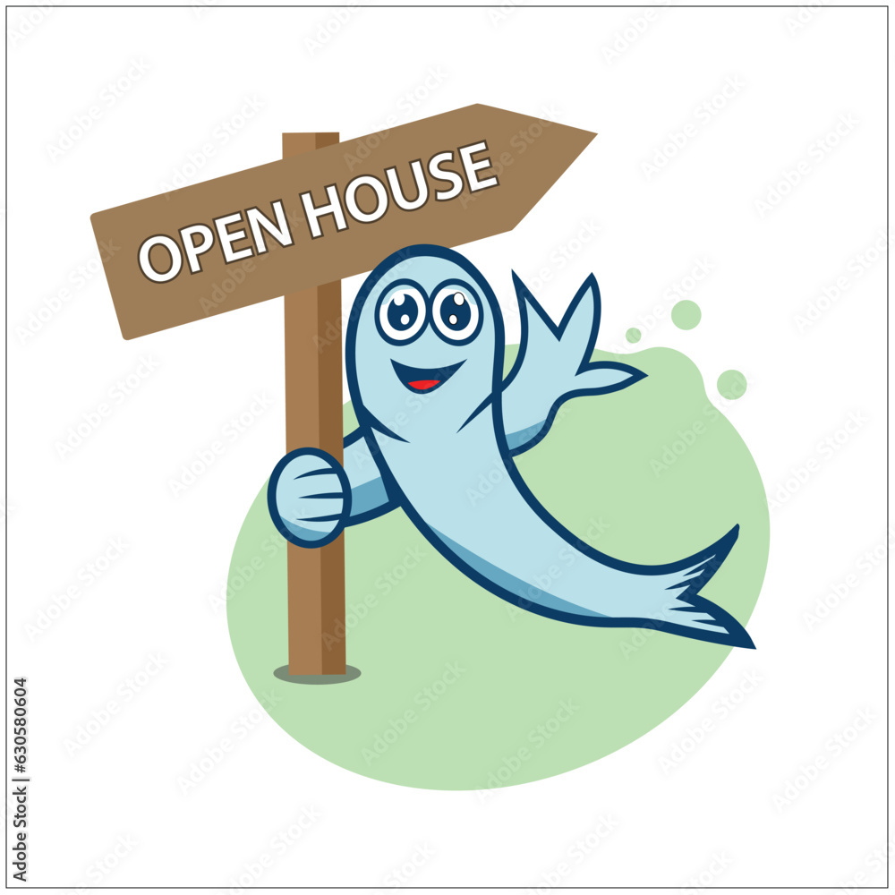 Fototapeta premium Illustration of cute fish holding open house sign