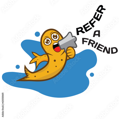 Illustration of cute fish holding mega phone to invite his friends