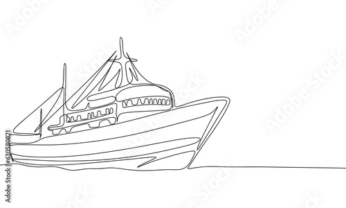 Silhouette of fish ship. One line continuous concept banner with fish boat. Outline, line art, vector illustration.