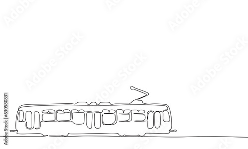 Silhouette of retro tram. One line continuous concept banner with city transport. Outline, line art, vector illustration.