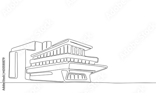 Silhouette of modern house. One line continuous concept banner with modern building. Outline, line art, vector illustration.