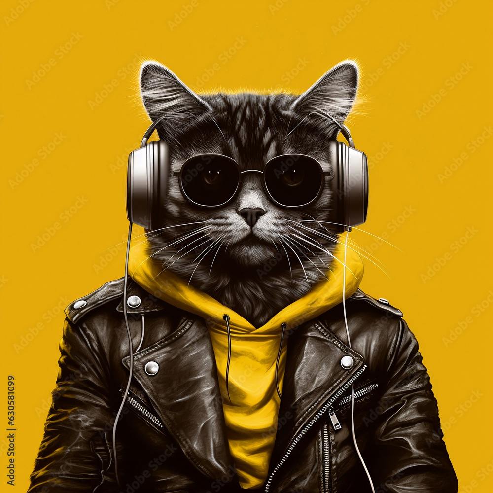 A cool looking cat in a yellow hoodie and leather jacket with sunglasses and headphones