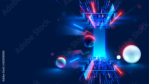 Abstract door in tunnel with digital data center light signals. Future computer technology concept of cyber gate in cyberspace or metaverse. Fantasy cyber door or portal in data center. Tech banner.