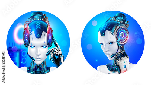 Avatar robot woman gpt chatbot. Round icon of face of AI in image humanoid female cyborg. Logo of chat bot of online technical support. headset with microphone on head artificial intelligence chatbot photo