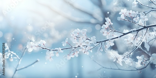 White beaytiful winter Christmas blurres background. Winter atmospheric natural landscape with frost-covered dry branches during snowfall. generative AI photo