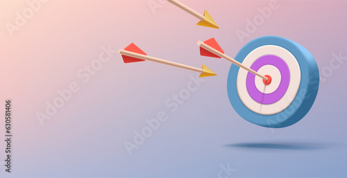 Targeting 3d render board, blueish circles with aiming flying arrows, darts target icon, marketing audience or bisiness