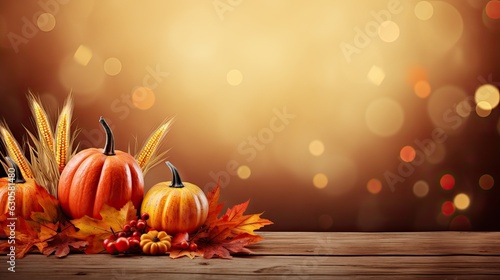 autumn background with leaves Thanksgiving pumpkins over wooden background