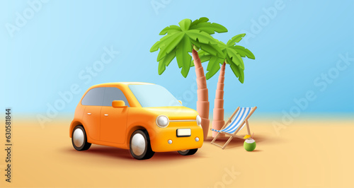 Summer road trip to the beach on yellow 3d car, palms and beach chair with coconut cocktail, render digital illuatration