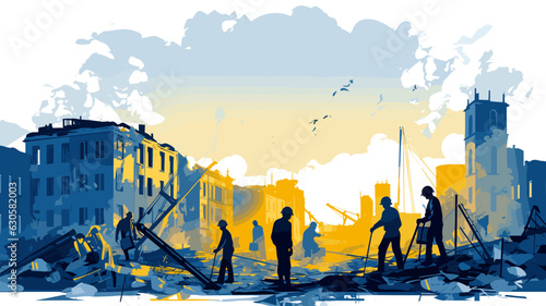 AI generated, vector illustration, view of Construction site with heavy equipment, concept of rebuilding Ukraine after the war. Debris is present after the war. Building new skyscrapers and houses. Il